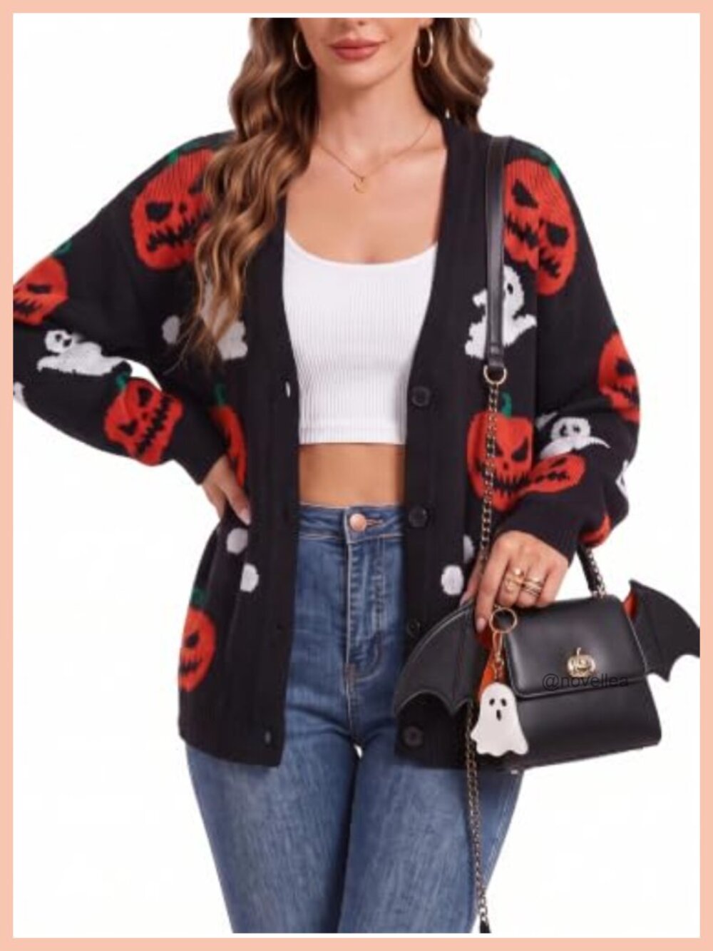 Women's Halloween Pumpkin Ghost Open Front Cardigan Button Knit Sweater
